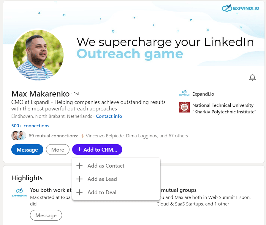 add any prospect to your CRM directly from LinkedIn