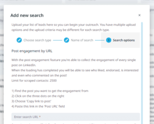 A screenshot showing how to add a post URL to your search in Expandi