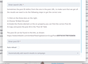 A screenshot showing how to add a post ID to your search in Expandi