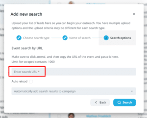 A screenshot showing how to add an event URL to your search in Expandi