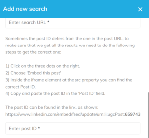 A screenshot showing how to add a post ID to your search in Expandi