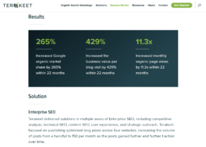 A screenshot of Terakeet's case study with a leading finance group