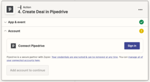 “Create deal” in Pipedrive