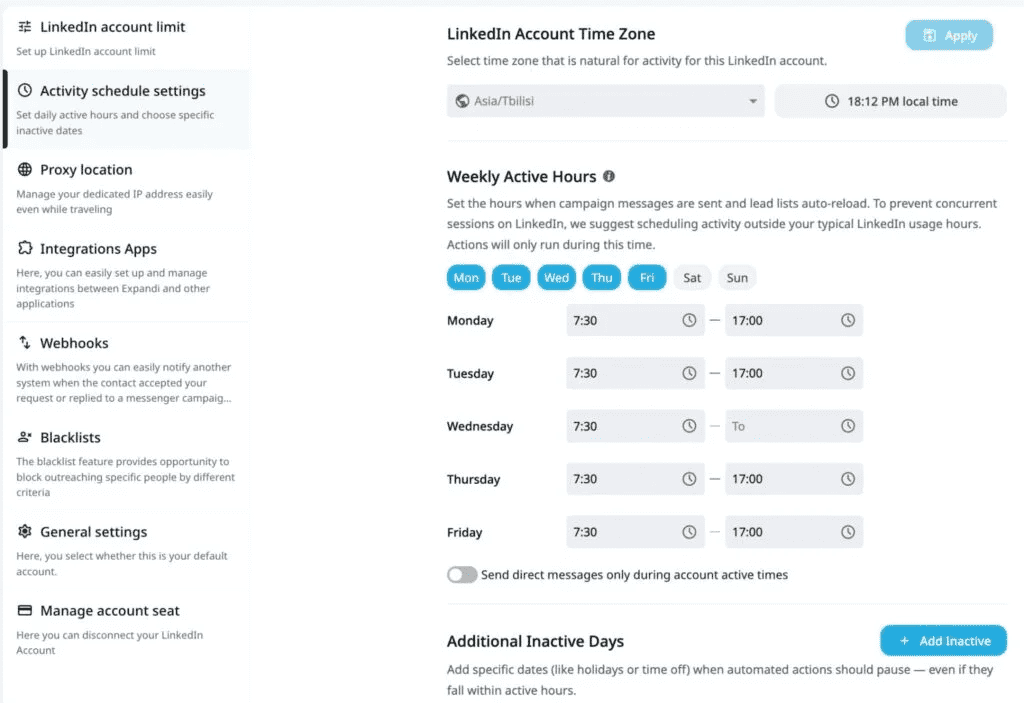 Full activity schedule settings with timezone, active hours, additional options