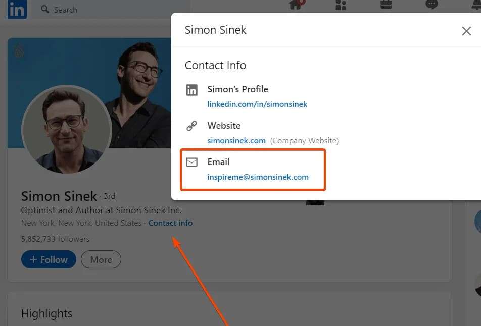Contact information on LinkedIn
