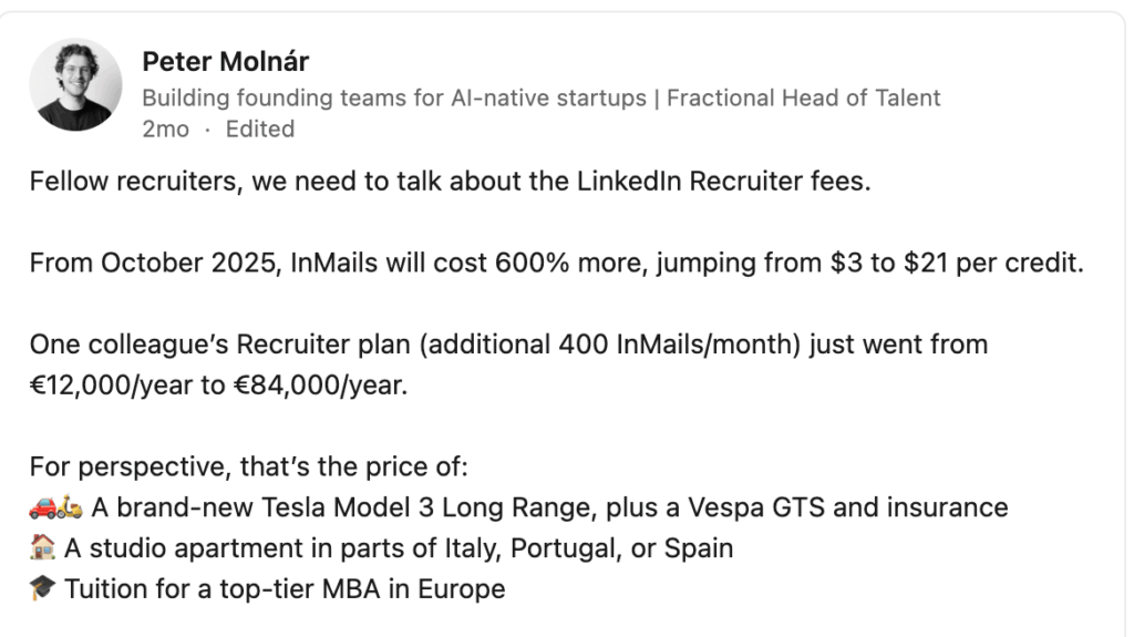 Post of Peter Molnár about LinkedIn recruiter fees