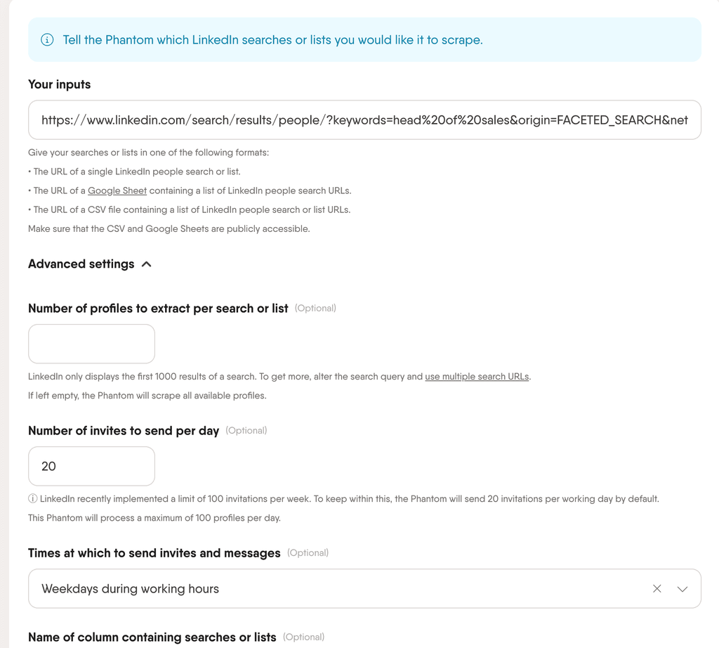 exporting a linkedin saved search with phantombuster