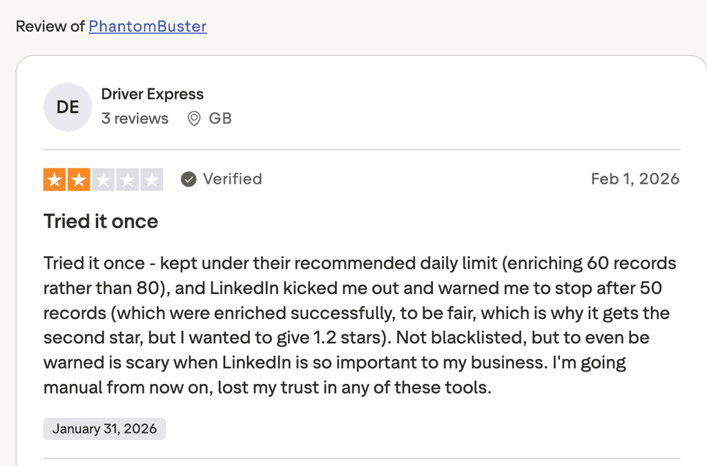 phantombuster review on linkedin warning