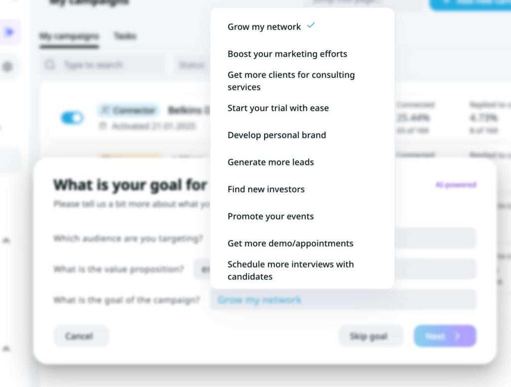 The Expandi.io interface that shows the goal selection for outreach campaigns