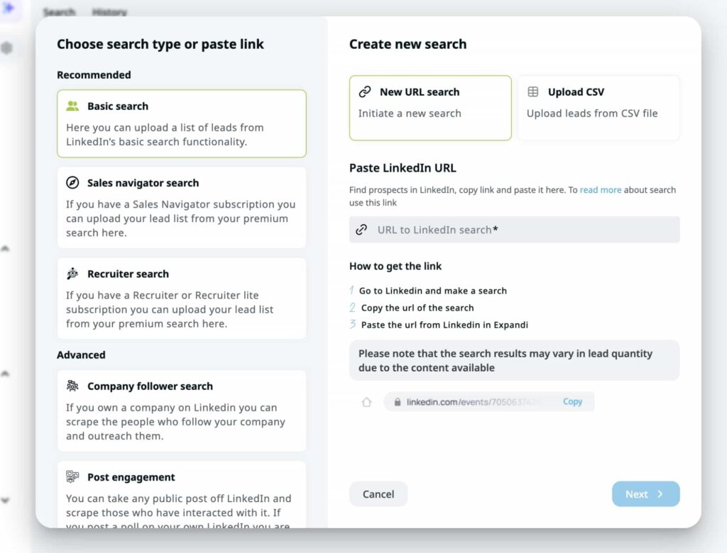 Interface of the search type settings, featuring various options for importing audiences into Expandi