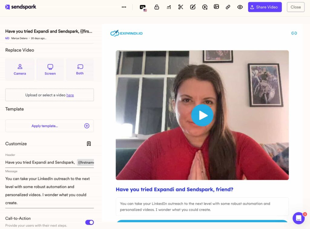 Screenshot of a Sendspark video page featuring a woman speaking on a video call, with interface settings shown