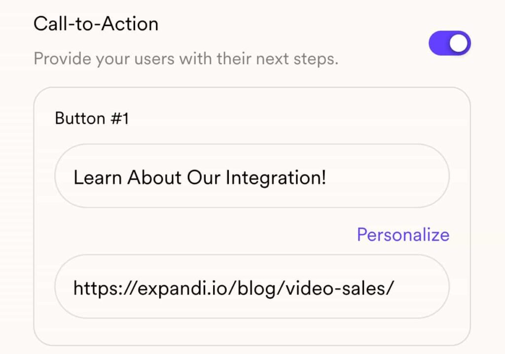 Screenshot  shows example of a call to action button demonstrating Sendspark's product configuration for user interaction