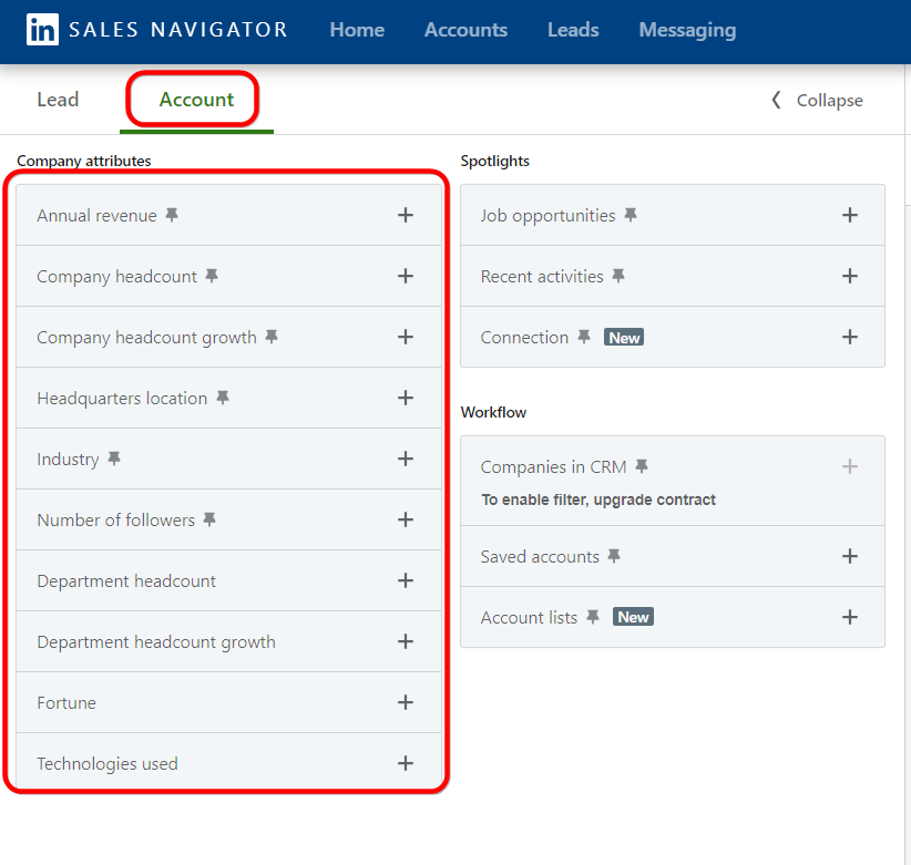 Account filters on LinkedIN Sales Navigator