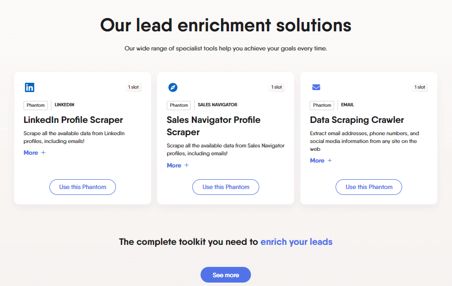 a screenshot of PhantomBuster's solutions