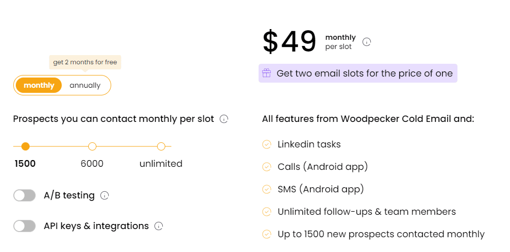 A screenshot of Woodpecker's sales automation pricing