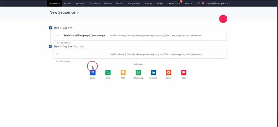 A screenshot of Reply.io's sequence building