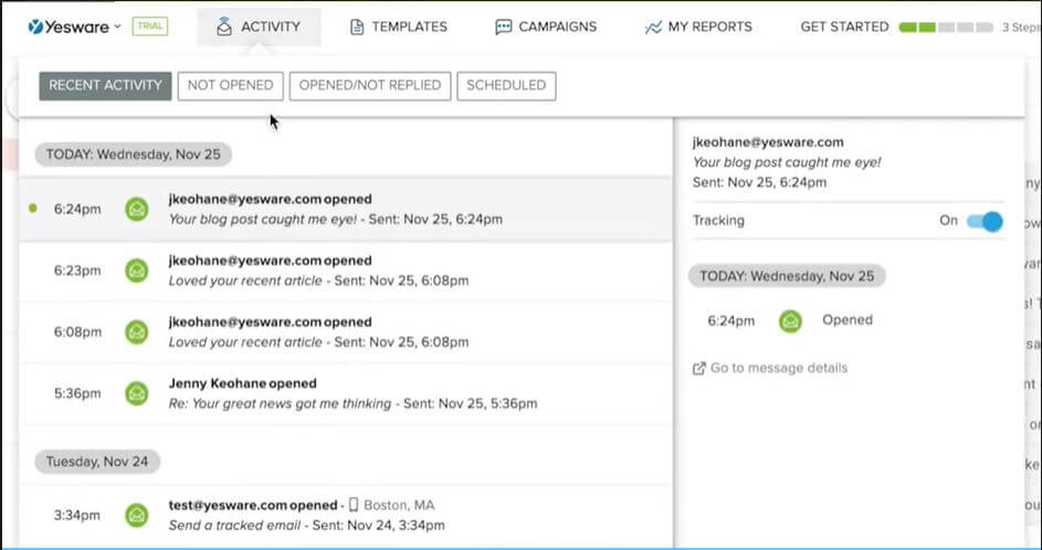 A screenshot of Yesware's attachment tracking