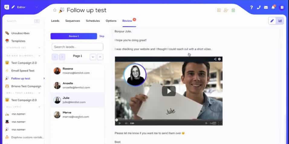 A screenshot of Lemlist's follow up email dashboard