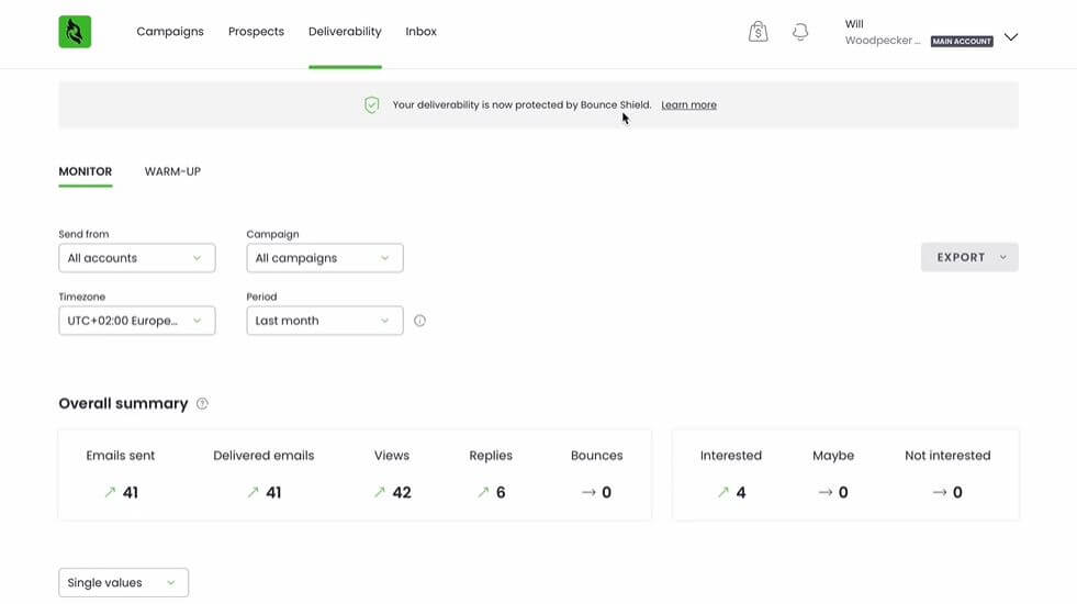 A screenshot of Woodpecker's bounce shield settings