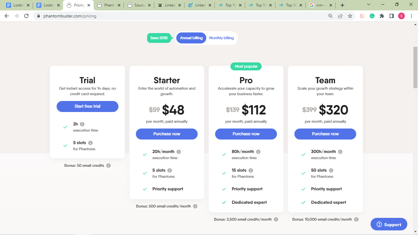a screenshot of PhantomBuster's plans