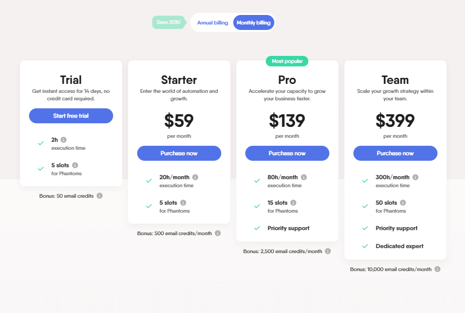 a screenshot of PhantomBuster's monthly plans