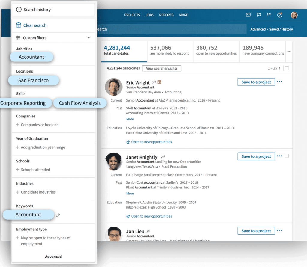 Using search filters on LinkedIn Recruiters