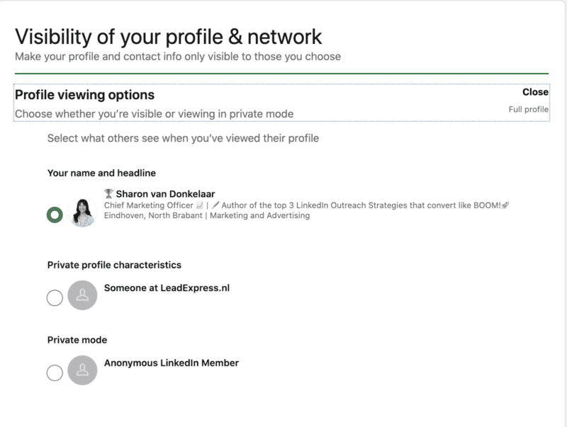 Switching to private mode on LinkedIn