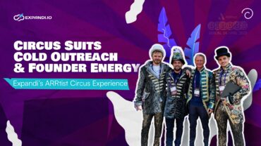 Expandi.io’s founders and team dressed in circus suits promoting cold outreach at ARRtist Circus Berlin