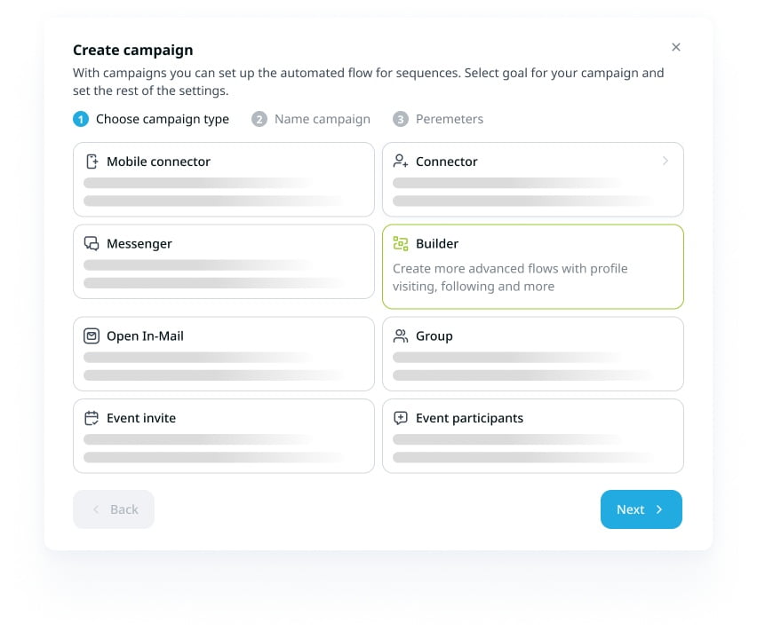 Interface screen showing campaign type options in Expandi, including Builder, Messenger, and Connector workflows