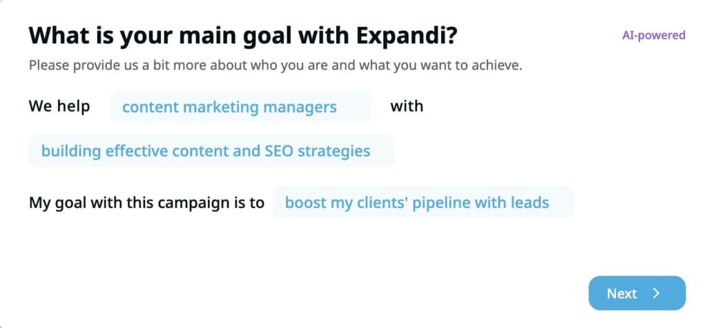 Goal selection interface for outreach campaign in Expandi where users specify ICP, value proposition, and campaign objectives.