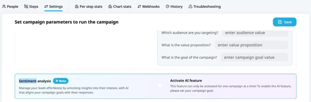Campaign settings screen in Expandi with AI sentiment analysis and campaign goal configuration options