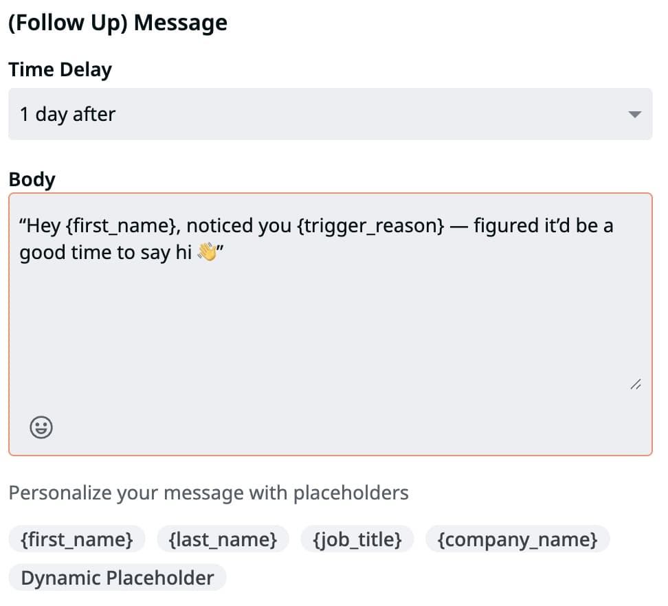 Expandi follow-up message editor with dynamic placeholders and 1-day time delay setting
