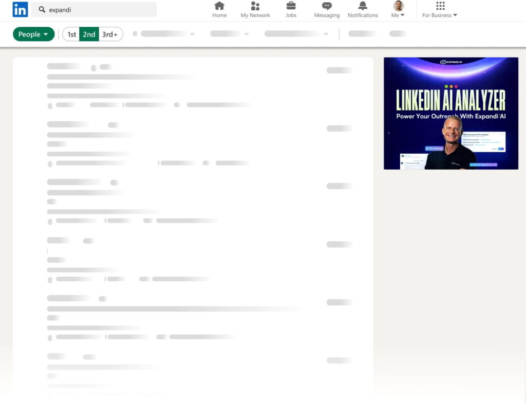 LinkedIn search results for “Expandi” with sponsored AI Analyzer banner on the right