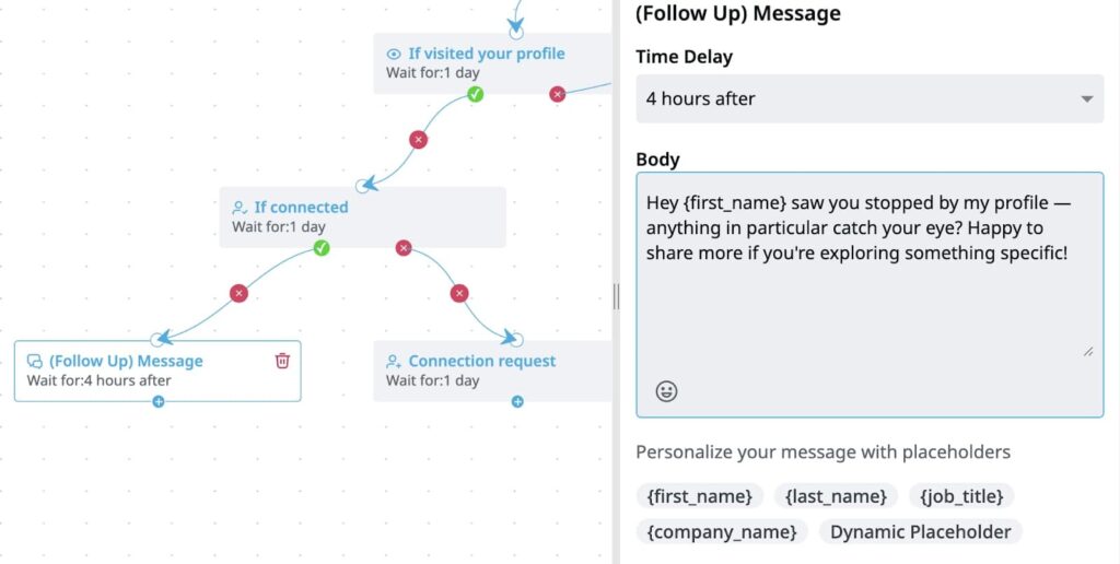 LinkedIn outreach workflow in Expandi with profile visit trigger and personalized follow-up message