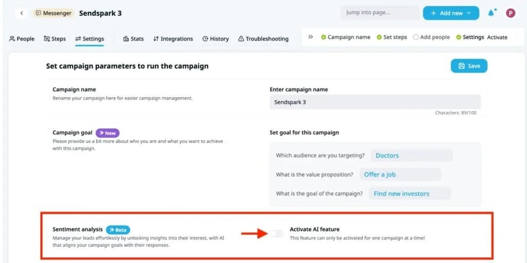 Expandi campaign settings showing the AI sentiment analysis option