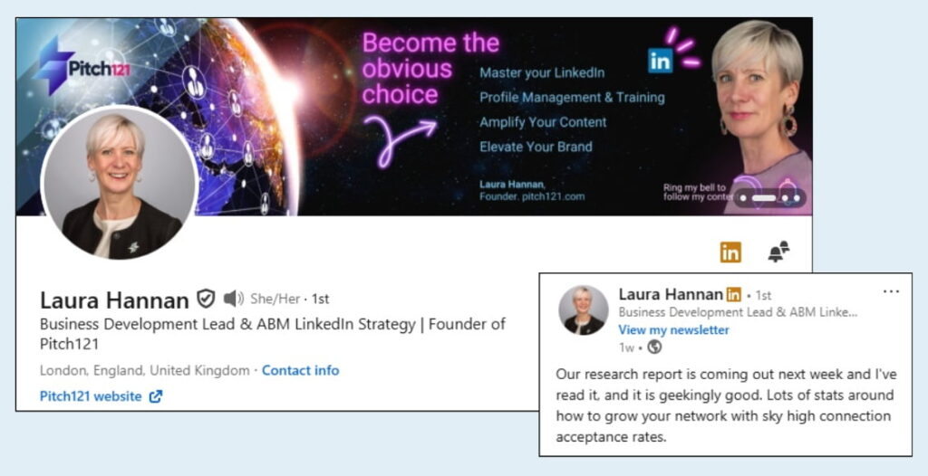 LinkedIn profile header and avatar of Laura Hannan, Founder of Pitch121. Banner text: 'Become the obvious choice' with services listed. Profile title: Business Development Lead & ABM LinkedIn Strategy.