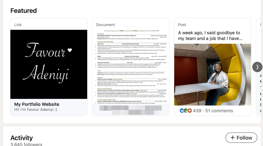 showcase your work samples or portfolio of LinkedIN
