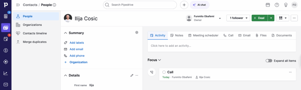 Viewing the lead’s details in Pipedrive