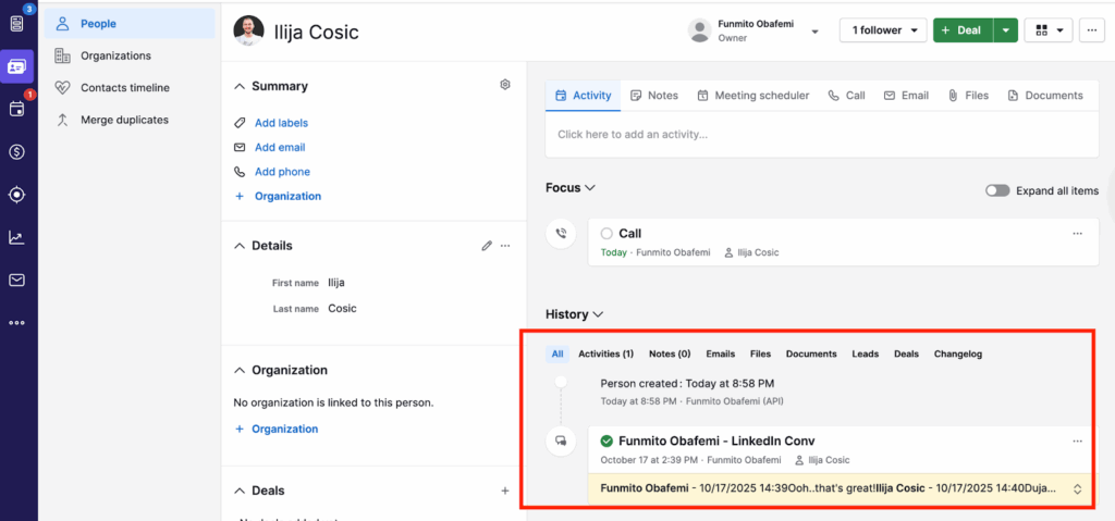 Syncing chat for Pipedrive in LinkedIn