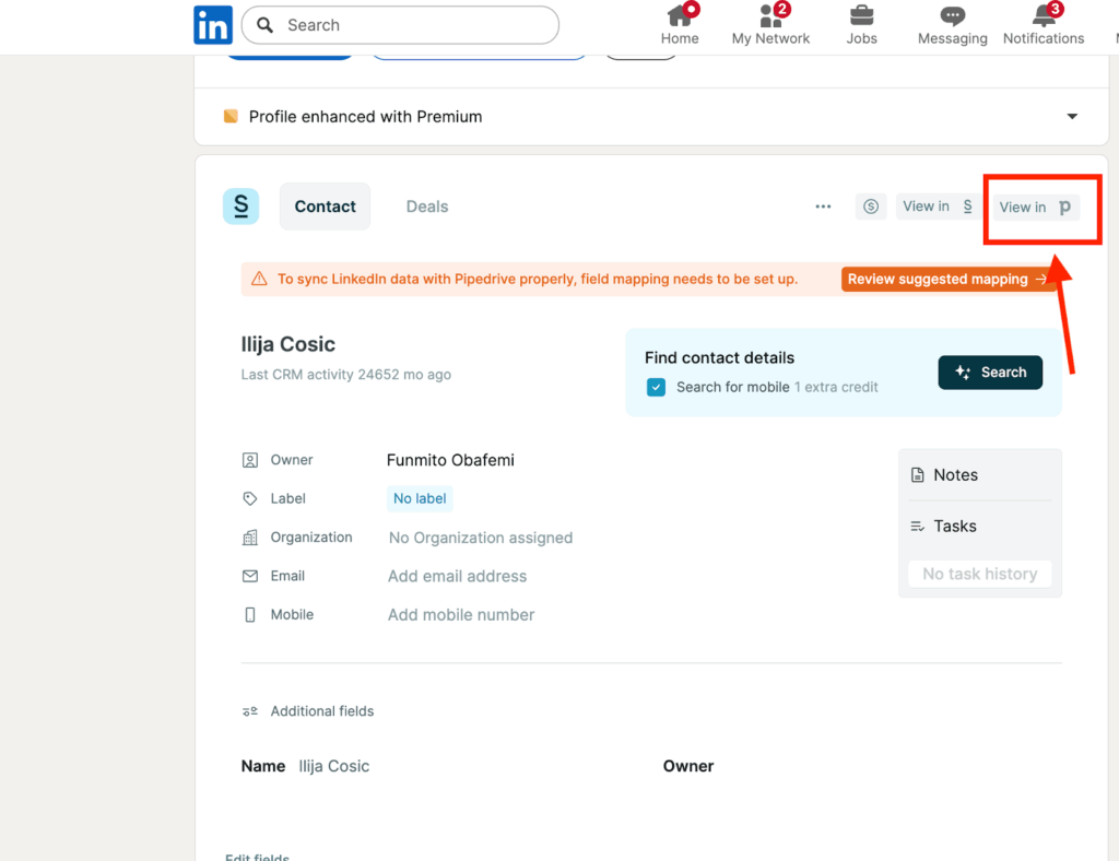Adding a contact data from LinkedIn to Pipedrive