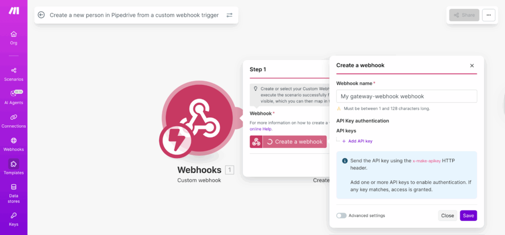 Finding the Pipedrive webhook trigger on Make