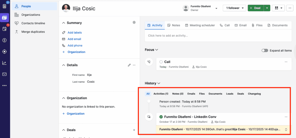 Syncing chat for Pipedrive in LinkedIn