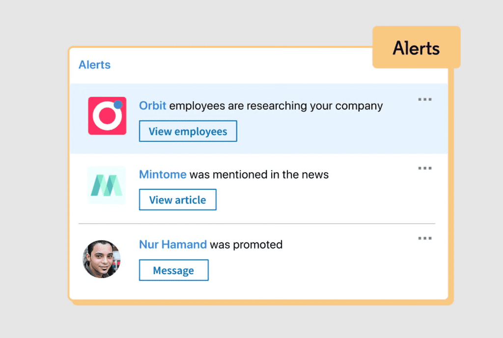 Sales Navigator alerts surface changes that may create a timely reason to revisit a saved lead