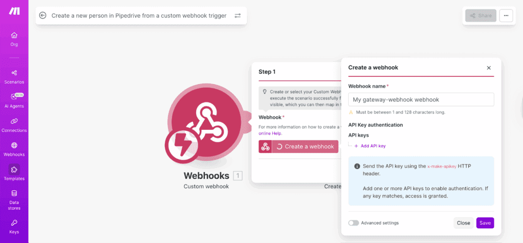Finding the Pipedrive webhook trigger on Make