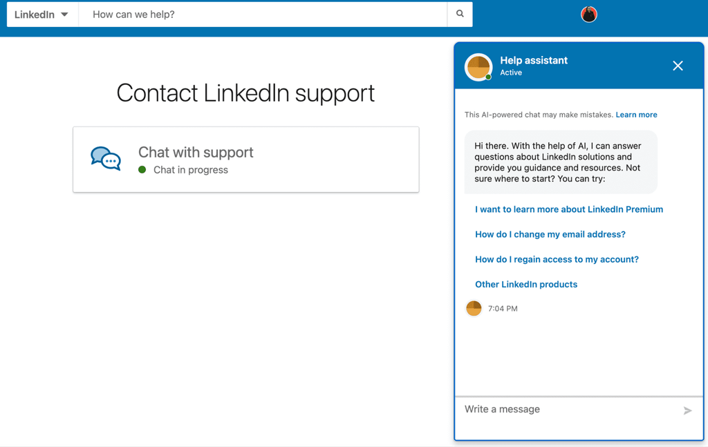 linkedin chat with support