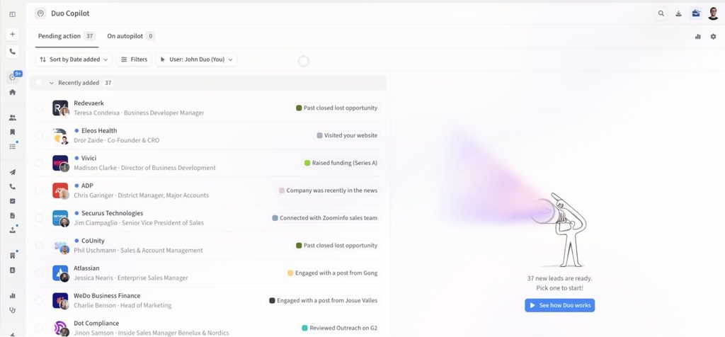 Amplemarket Duo Copilot lead list with buying signals like funding and website visits