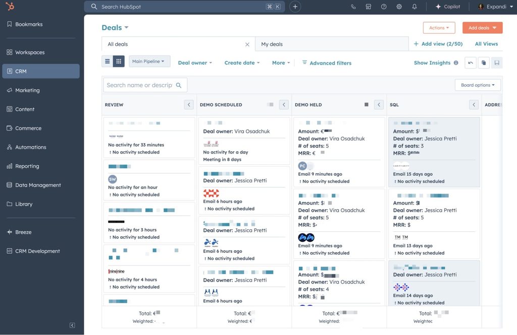 HubSpot Sales Hub deal board tracking pipeline stages, owners, and activity