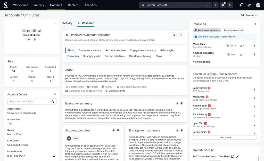 Salesloft account research tab with AI executive summary and recommended buyers