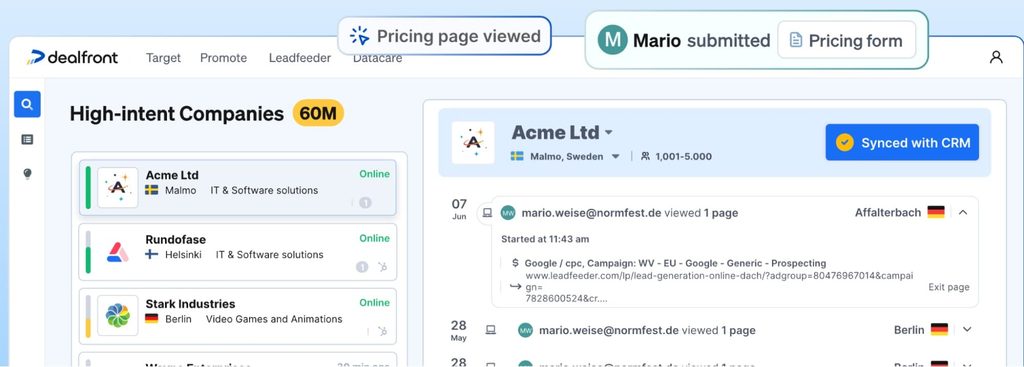 Dealfront Leadfeeder feed of high-intent companies with page visit details
