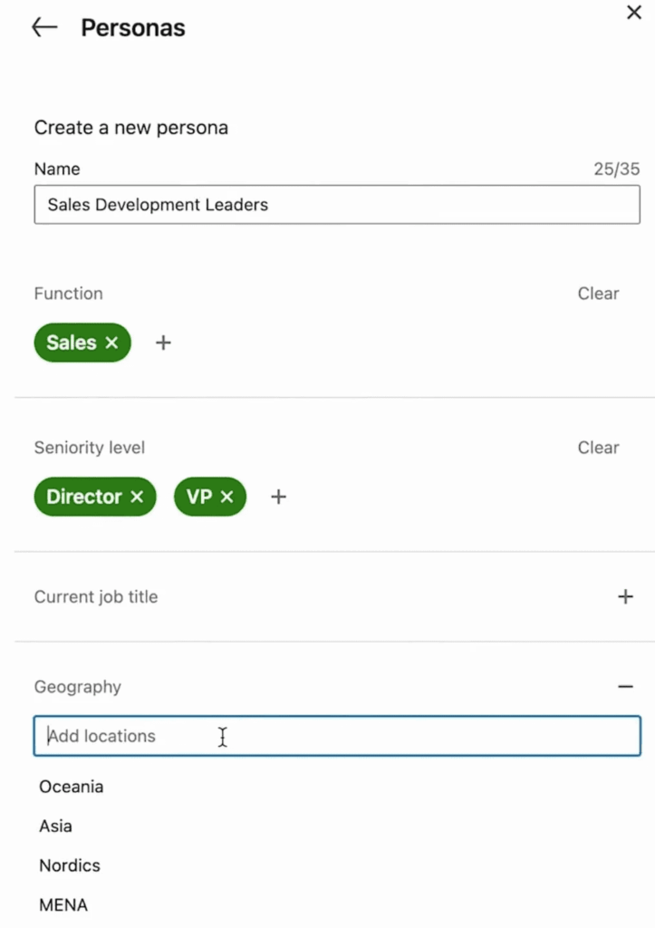sales navigator filters for different personas